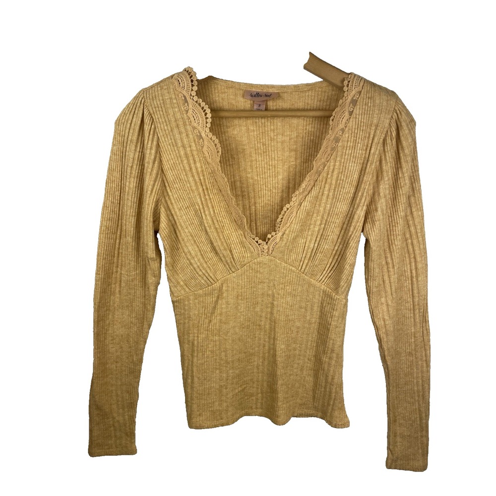 Willow Root Women's Top Size S Yellow Gold Y2K Lace Ribbed Milkmaid Peasant Boho